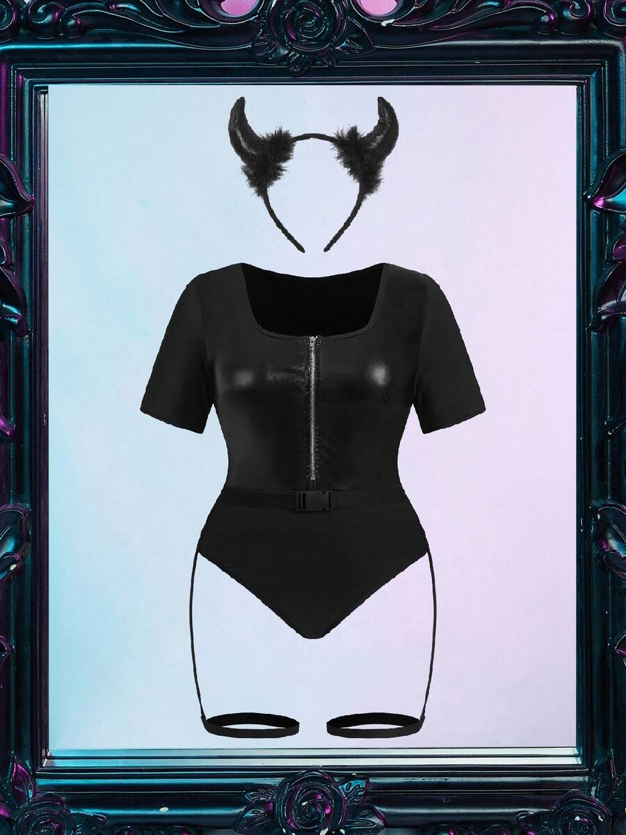Women's 3-piece black PU leather Halloween jumpsuit costume set featuring half sleeves, scoop neck, and zipper detail.