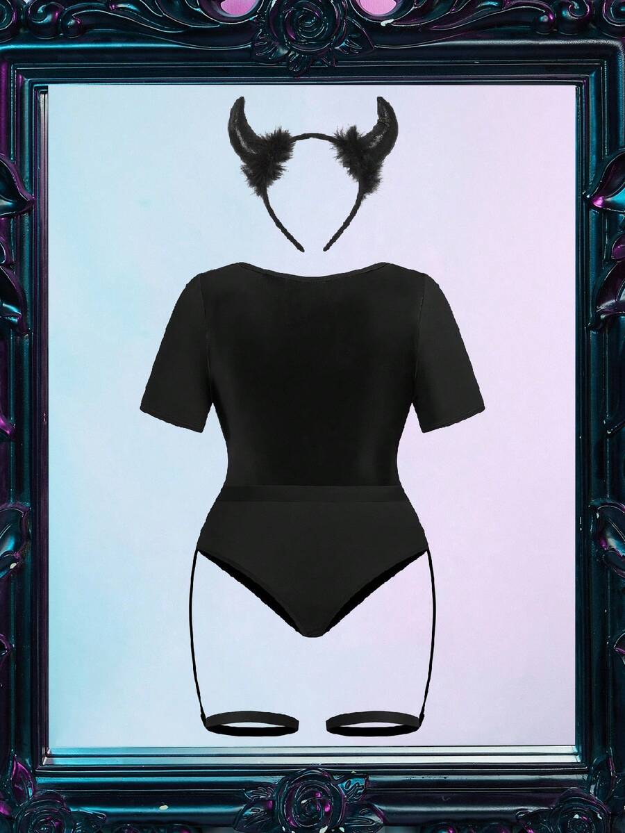 Women's 3-piece black PU leather Halloween jumpsuit costume set featuring half sleeves, scoop neck, and zipper detail.