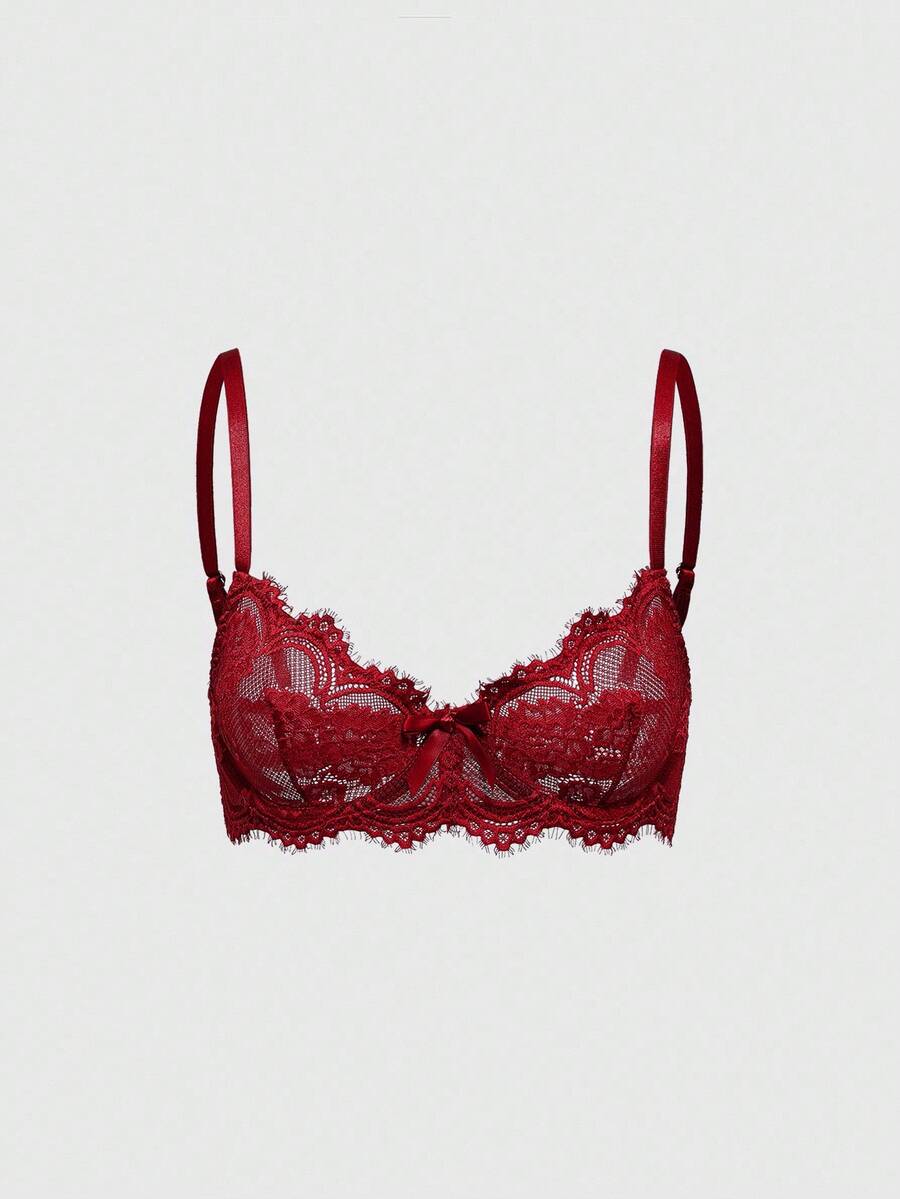 Black sheer floral lace plunge bra featuring underwire support, unlined triangle cups, adjustable straps, and a backless design for women.