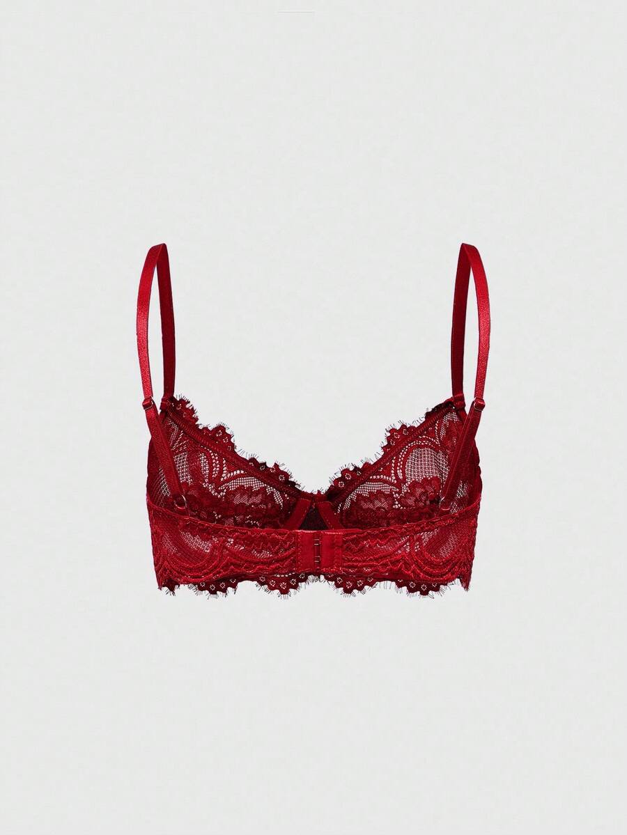Black sheer floral lace plunge bra featuring underwire support, unlined triangle cups, adjustable straps, and a backless design for women.