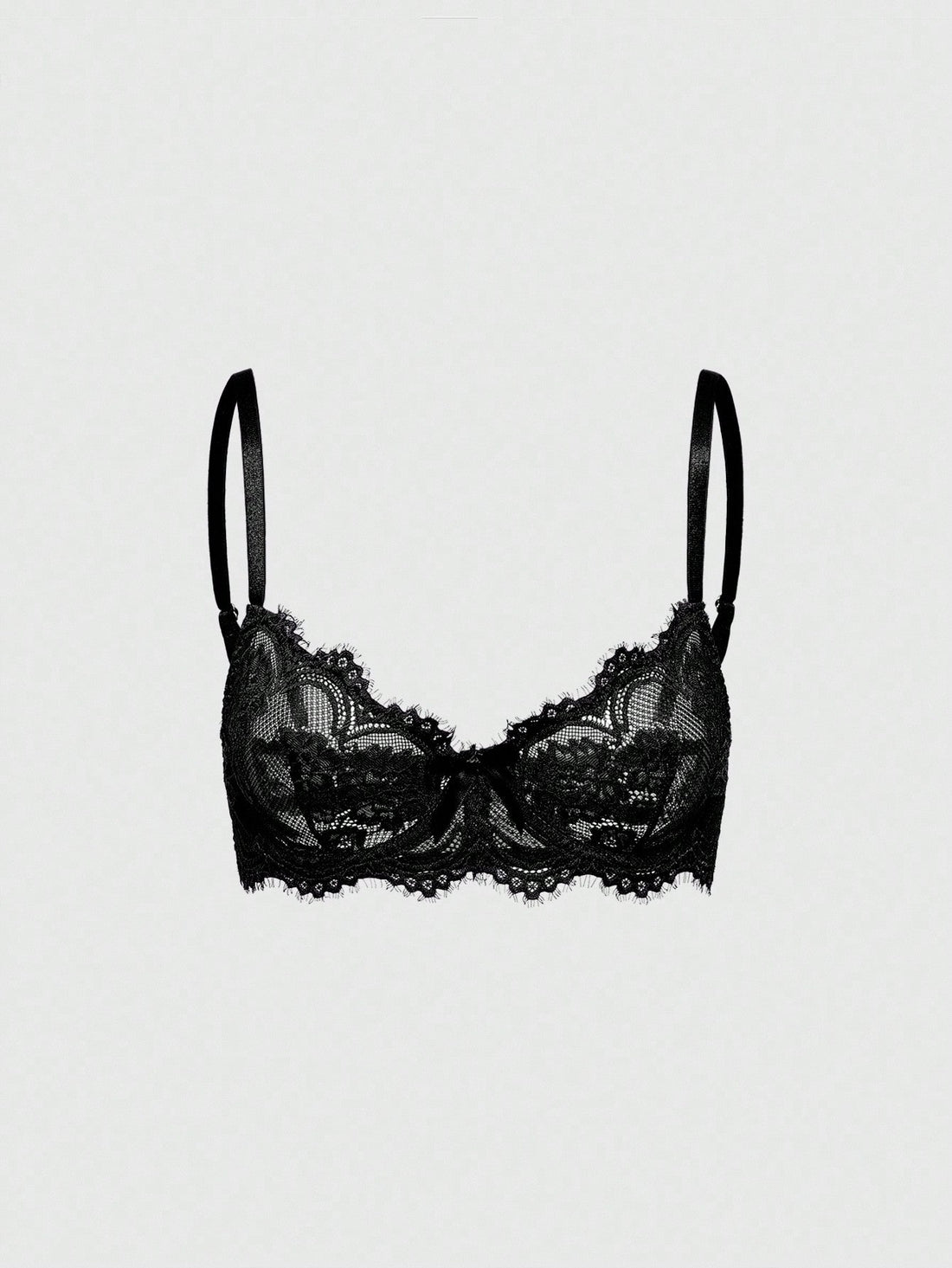 Black sheer floral lace plunge bra featuring underwire support, unlined triangle cups, adjustable straps, and a backless design for women.