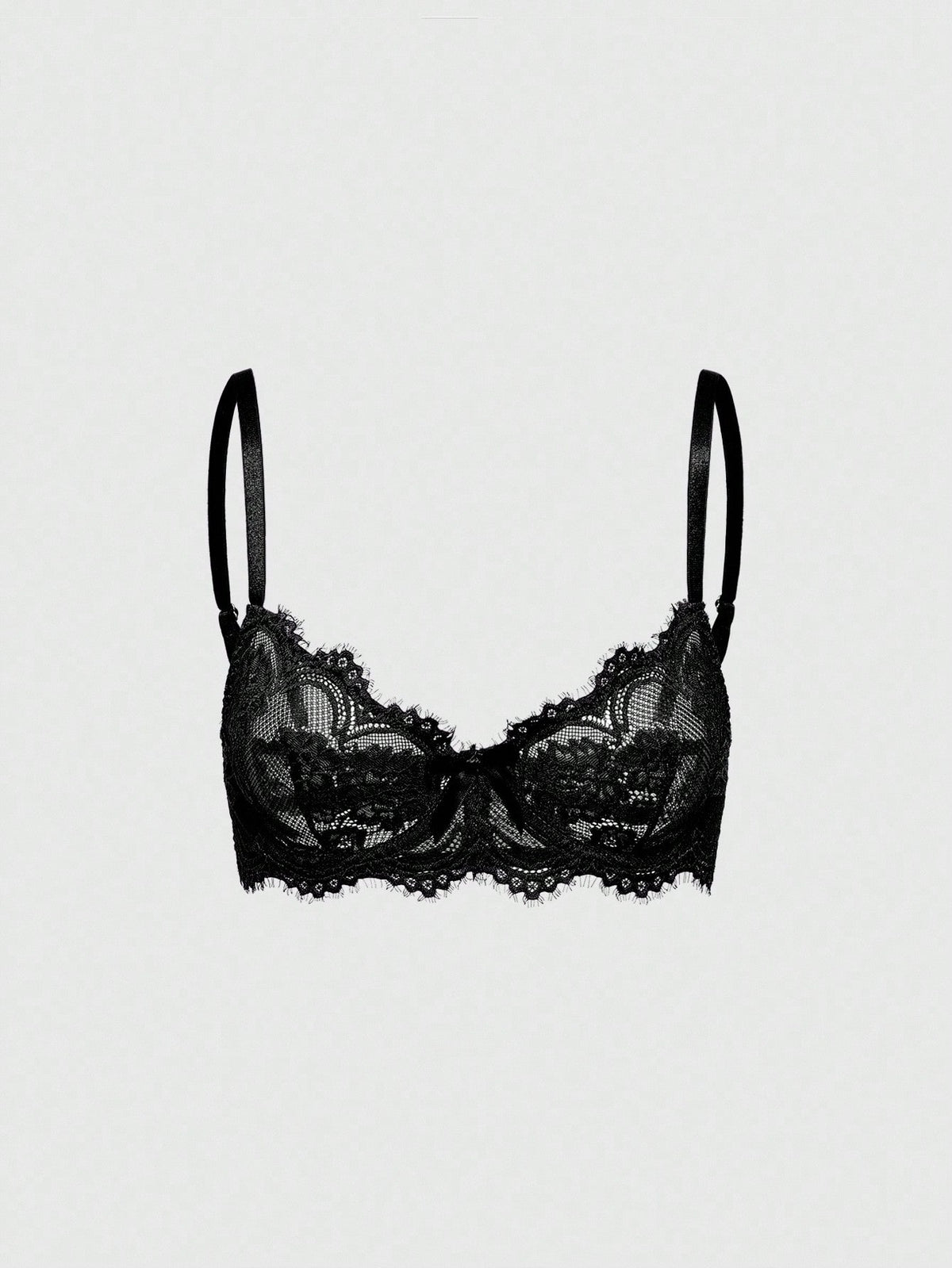 Black sheer floral lace plunge bra featuring underwire support, unlined triangle cups, adjustable straps, and a backless design for women.