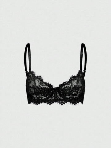 Black sheer floral lace plunge bra featuring underwire support, unlined triangle cups, adjustable straps, and a backless design for women.
