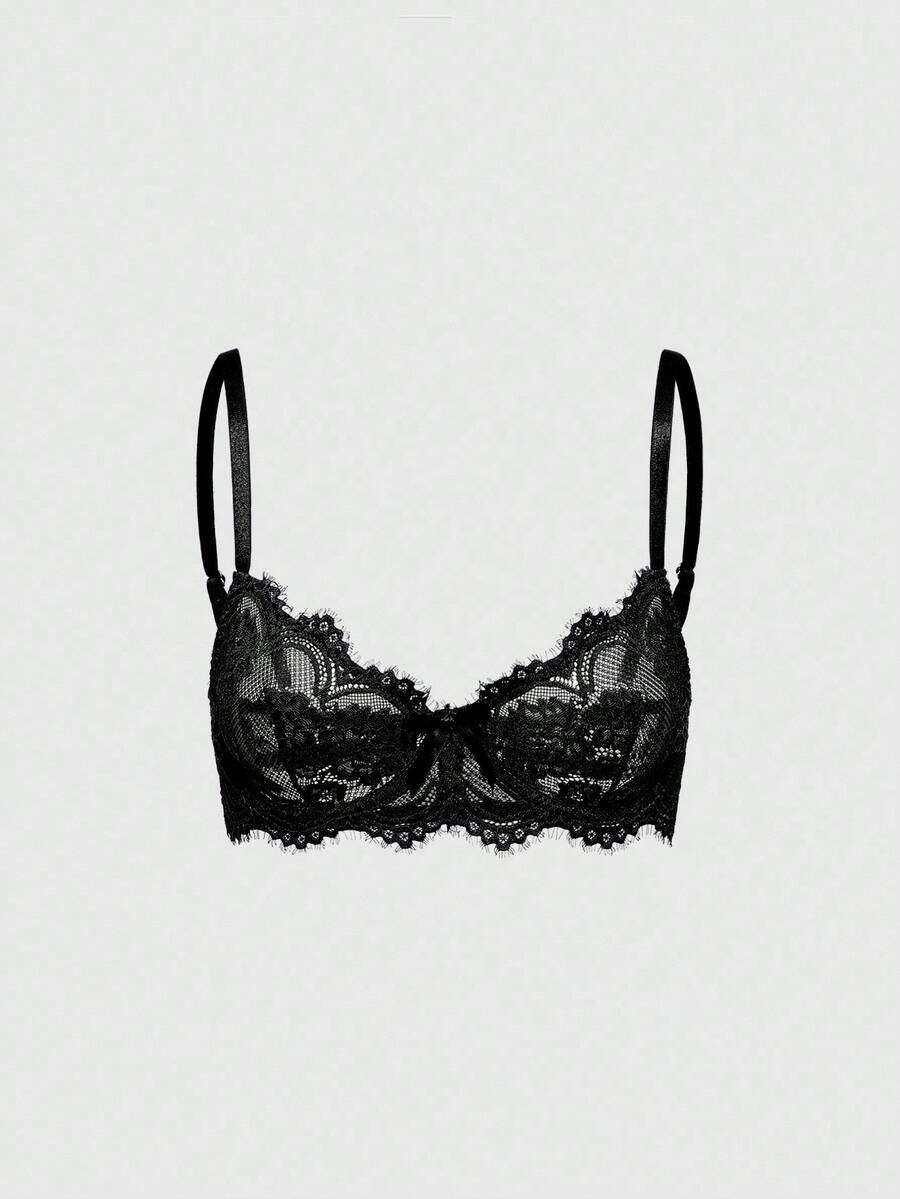 Black sheer floral lace plunge bra featuring underwire support, unlined triangle cups, adjustable straps, and a backless design for women.