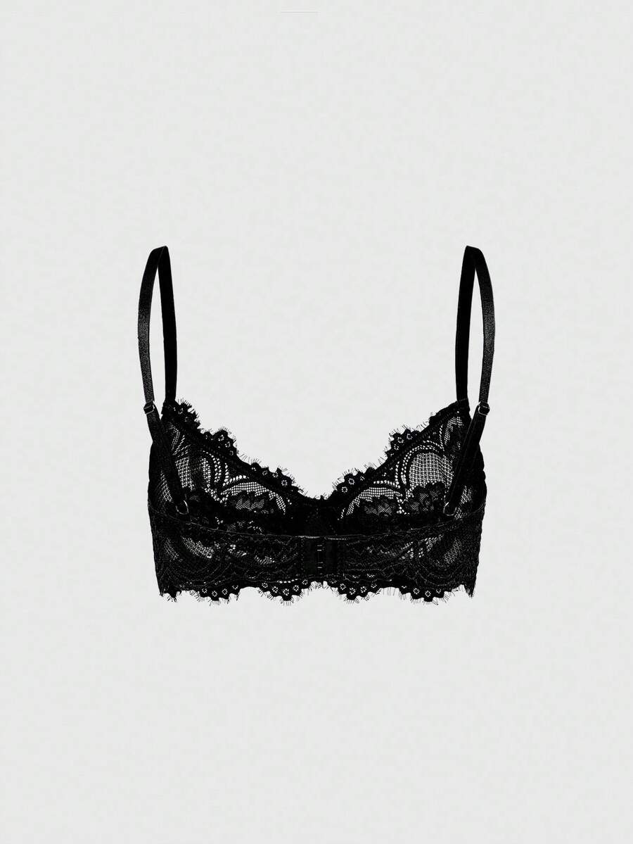 Black sheer floral lace plunge bra featuring underwire support, unlined triangle cups, adjustable straps, and a backless design for women.
