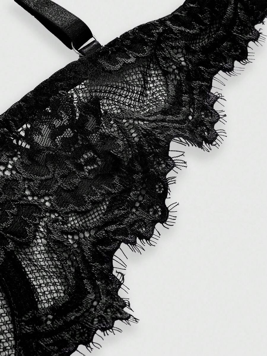 Black sheer floral lace plunge bra featuring underwire support, unlined triangle cups, adjustable straps, and a backless design for women.