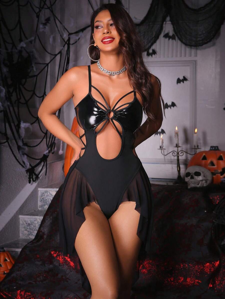 Women's black PU leather camisole bodysuit with hollow out backless design and adjustable spaghetti straps.