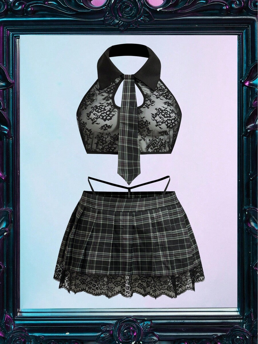 Black 4-piece plus size Halloween student lace lingerie set featuring a wireless bralette, short skirt, low-rise V-string thong, and matching accessories.
