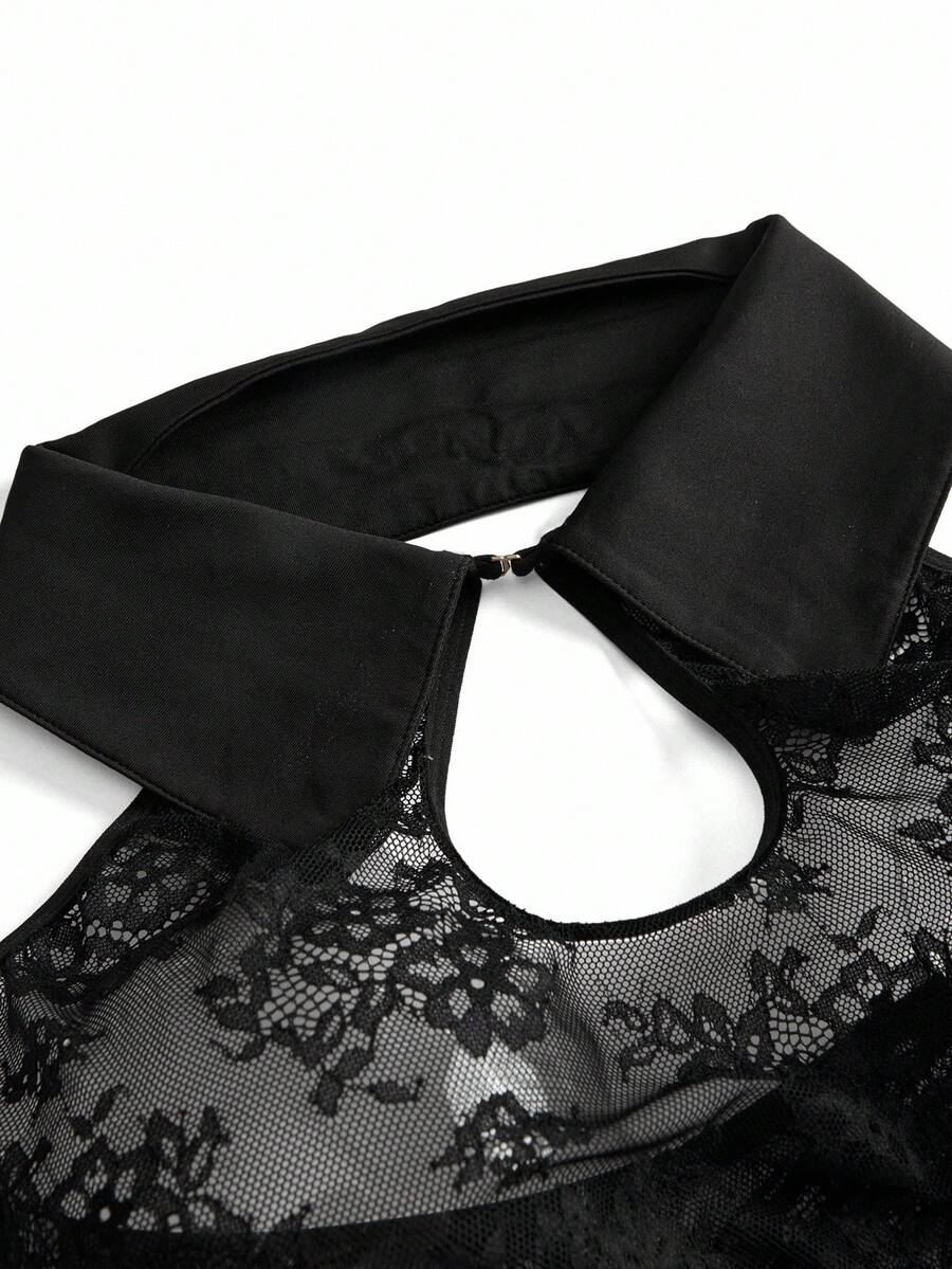 Black 4-piece plus size Halloween student lace lingerie set featuring a wireless bralette, short skirt, low-rise V-string thong, and matching accessories.