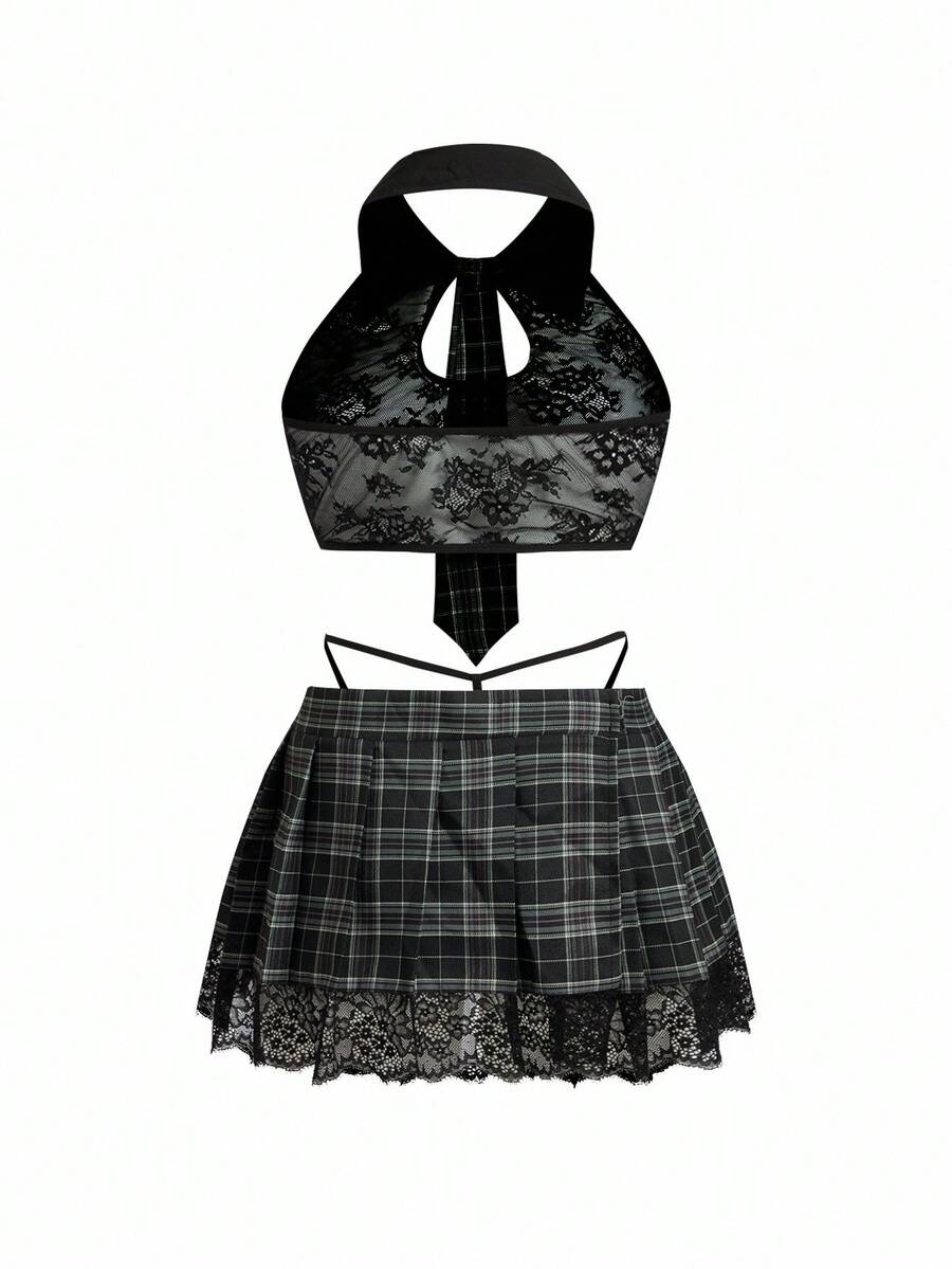 Black 4-piece plus size Halloween student lace lingerie set featuring a wireless bralette, short skirt, low-rise V-string thong, and matching accessories.
