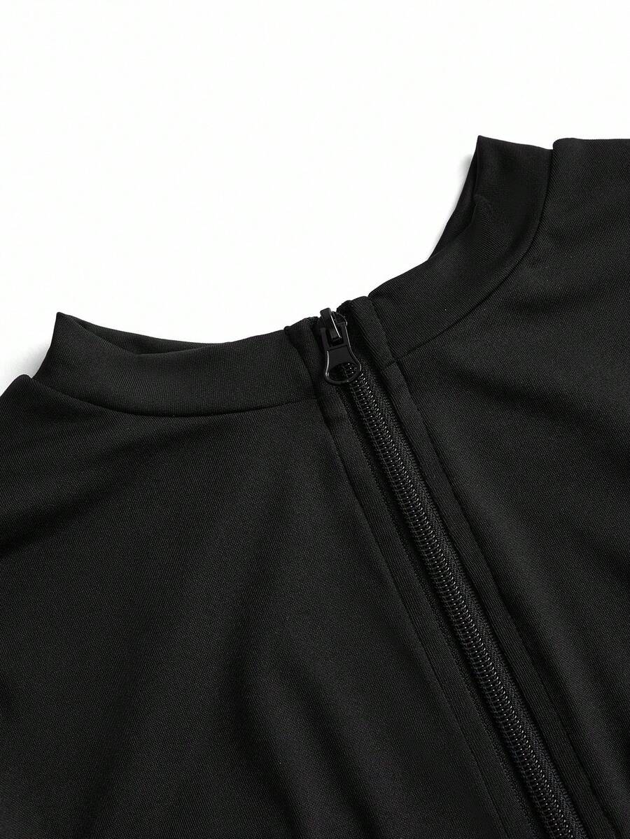 Black 5-piece Halloween cosplay costume set for women featuring contrast lace details, zipper closure, round neck, and long sleeves.