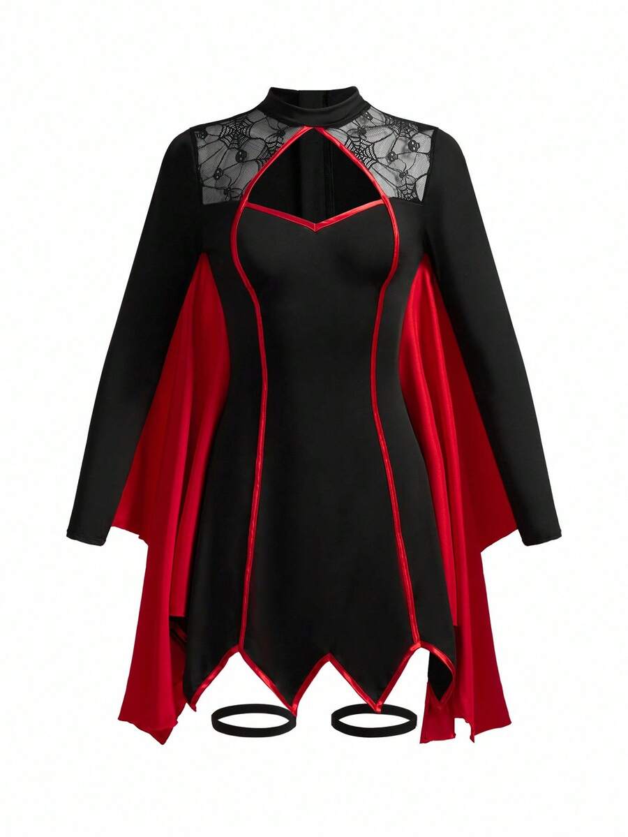 Black 5-piece Halloween cosplay costume set for women featuring contrast lace details, zipper closure, round neck, and long sleeves.