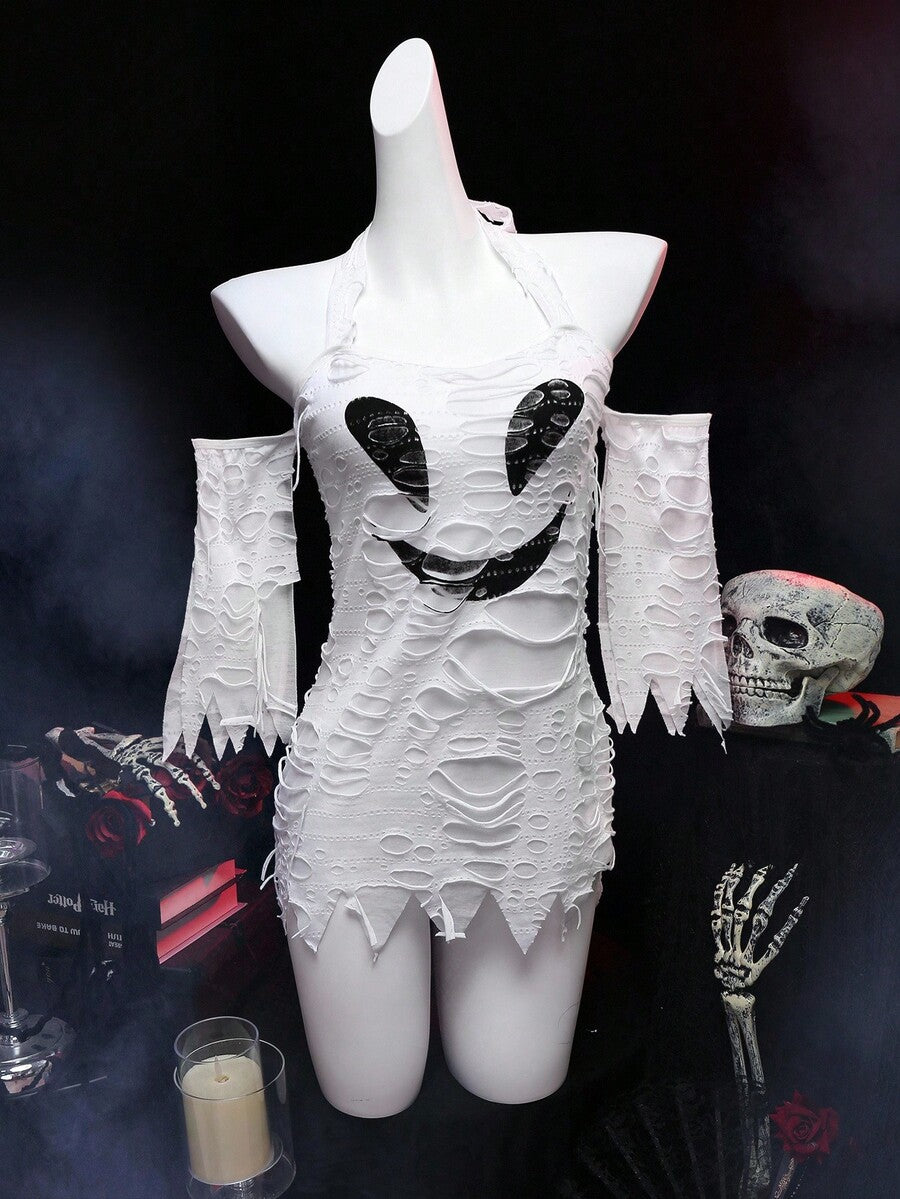 White women's gothic cosplay lingerie costume featuring a halter neckline, cold shoulder design, ripped asymmetrical hem, and hollow out knitted fabric.