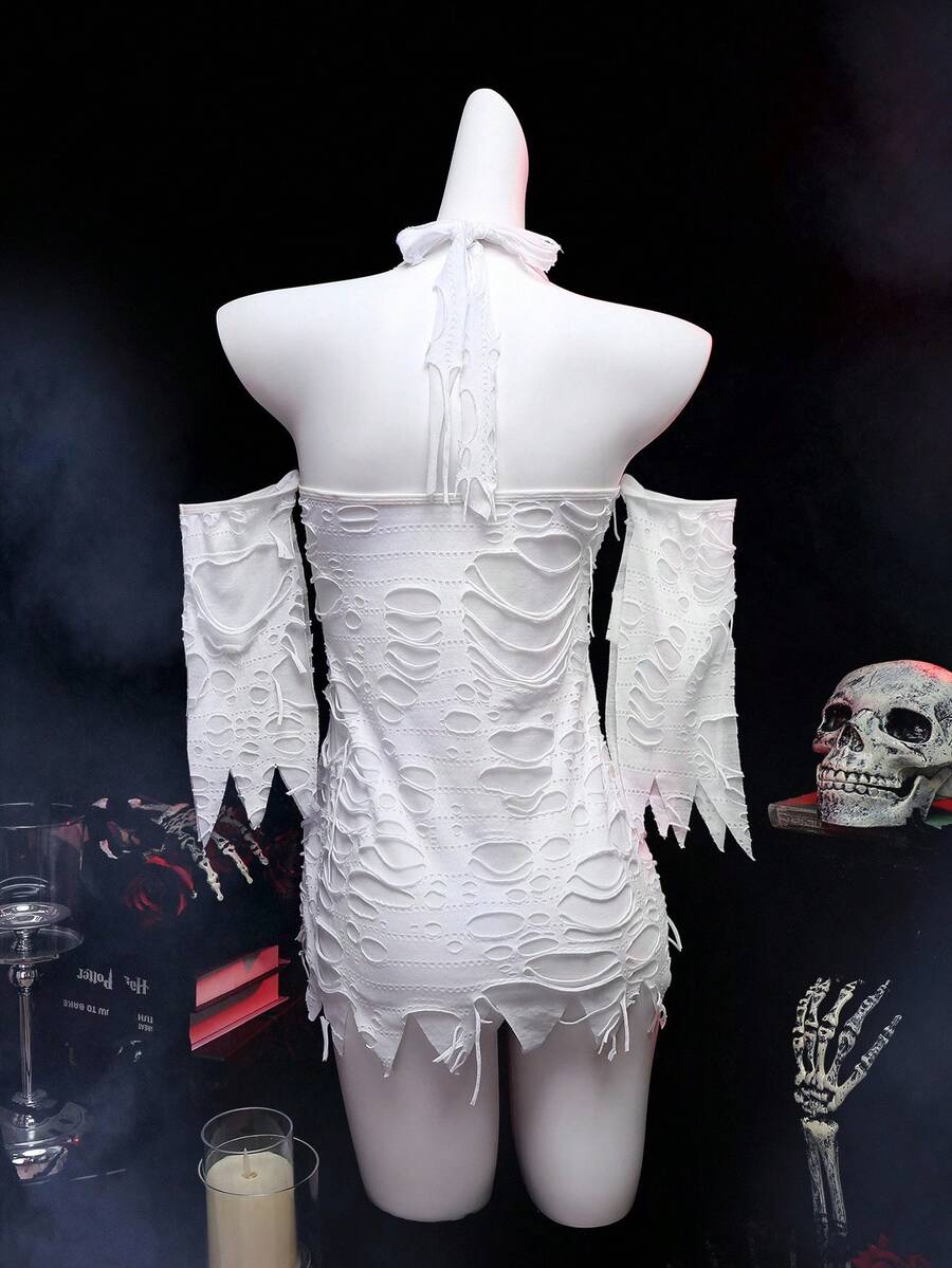 White women's gothic cosplay lingerie costume featuring a halter neckline, cold shoulder design, ripped asymmetrical hem, and hollow out knitted fabric.