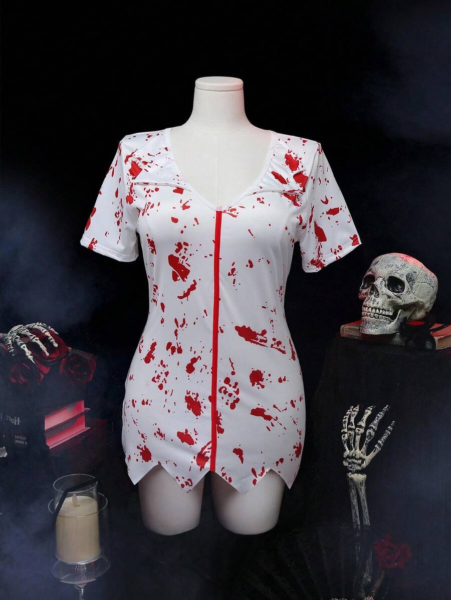 White zombie nurse Halloween costume dress featuring a V-neck, button front, and batwing sleeves.