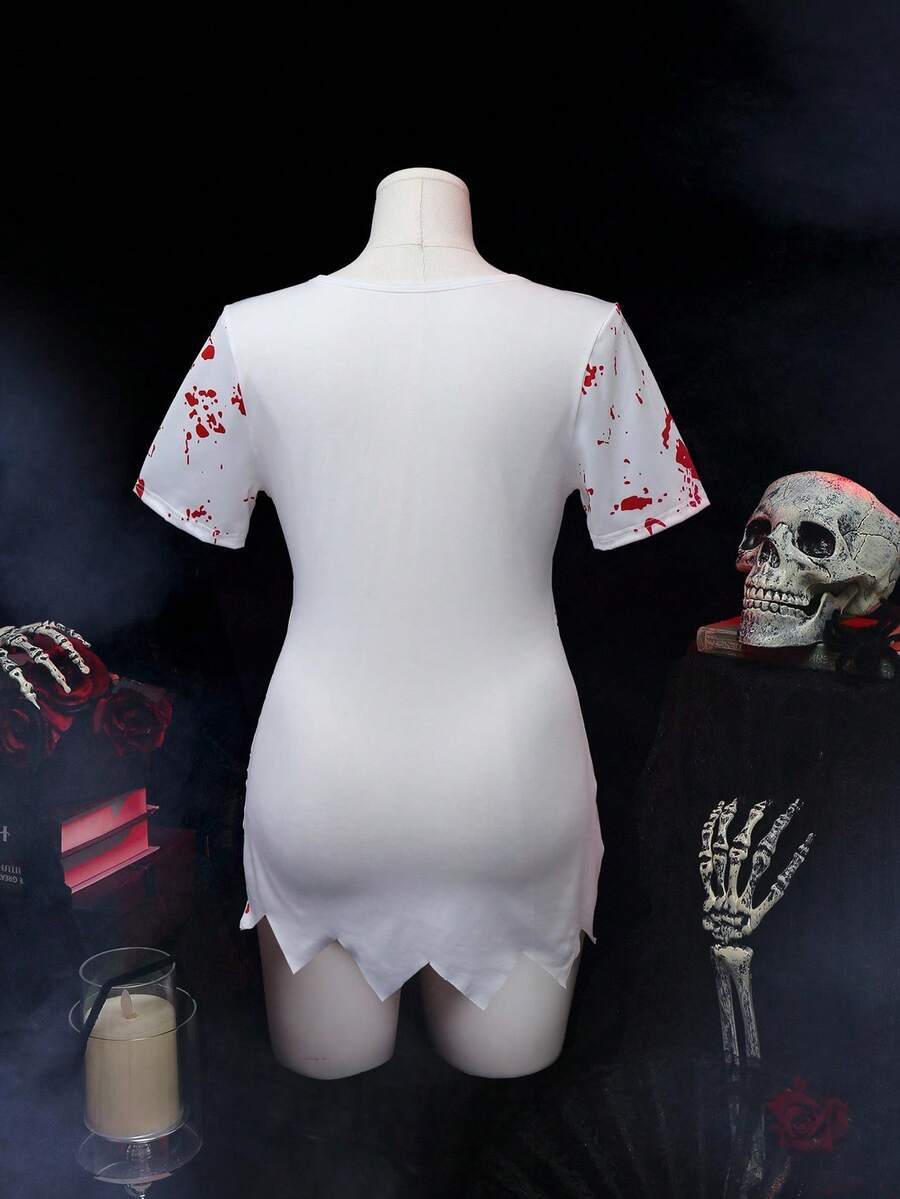 White zombie nurse Halloween costume dress featuring a V-neck, button front, and batwing sleeves.