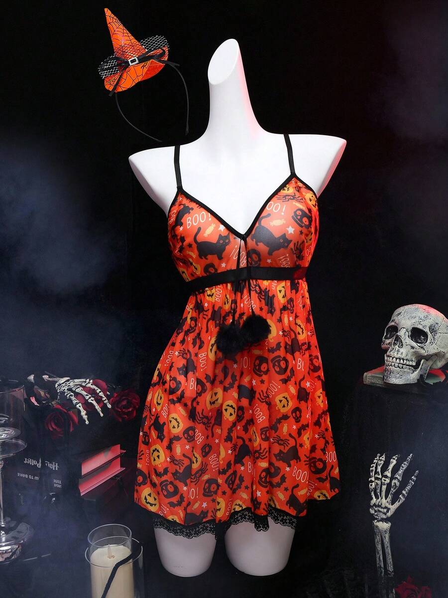 Women's 3-piece orange Halloween lingerie costume set featuring bowknot pom pom details, lace patchwork, adjustable spaghetti straps, and wireless construction.
