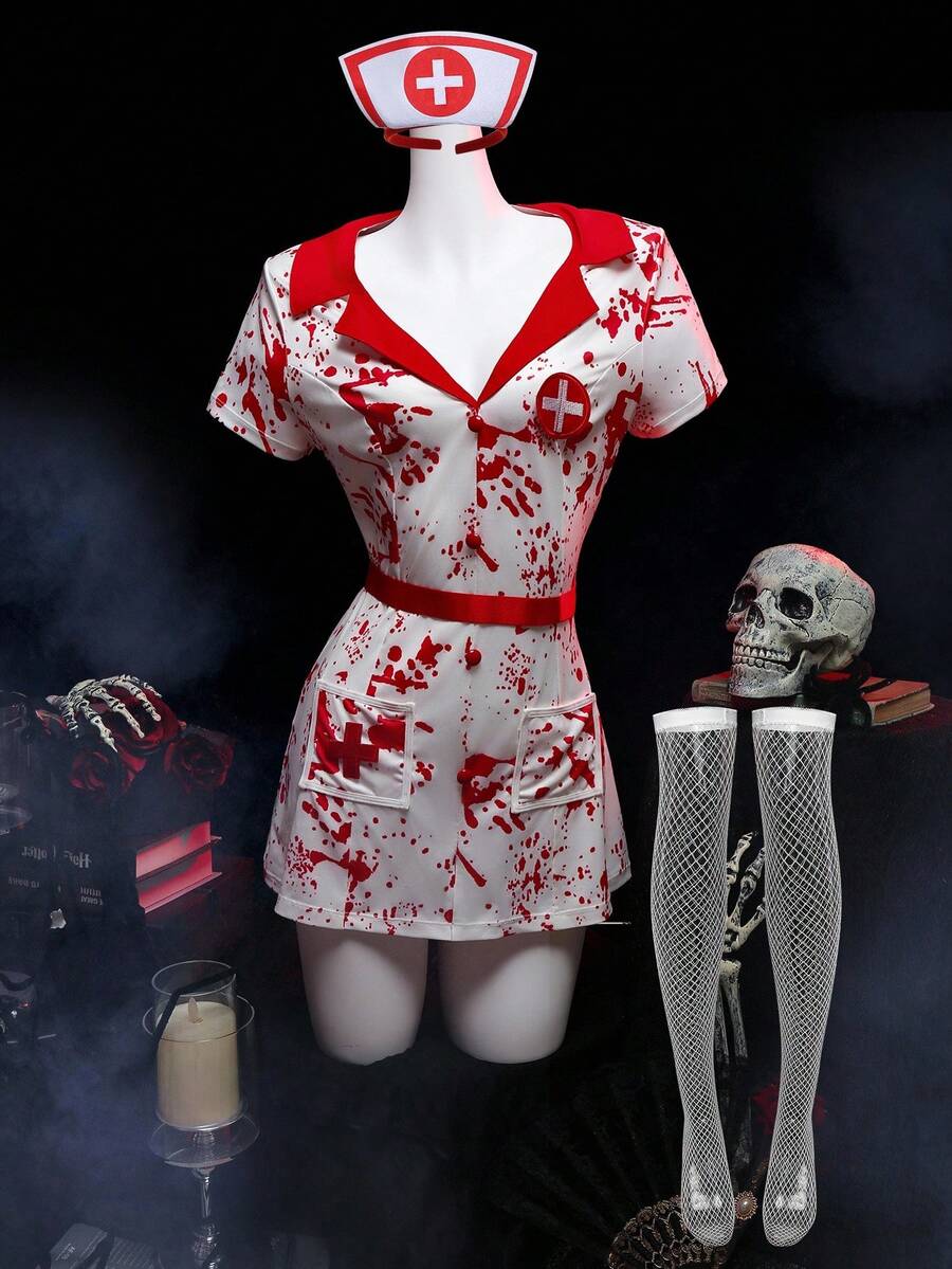 White 5-piece Halloween costume dress set for women featuring a lapel collar, button front detail, short sleeves, contrast binding, and adjustable straps.