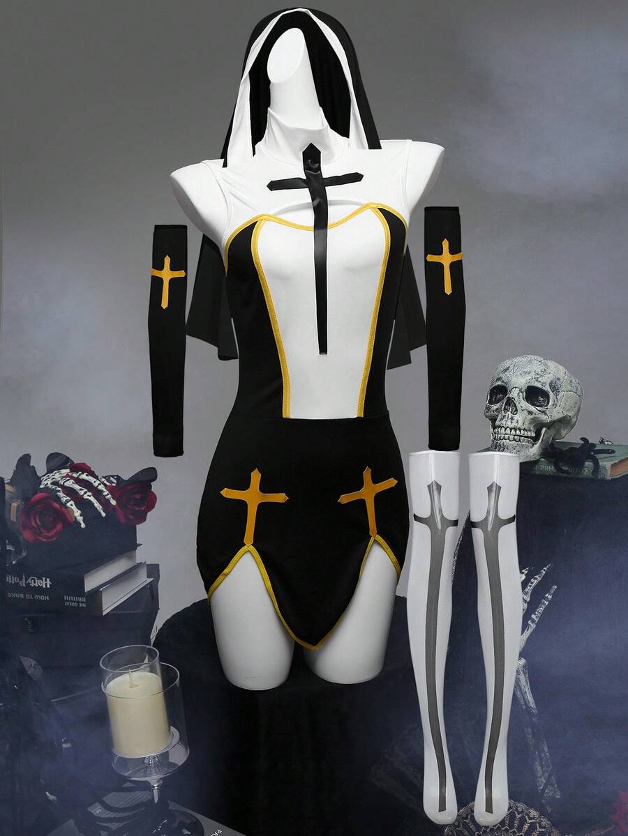 Women's black and white 4-piece Halloween costume lingerie set featuring a wireless colorblock top with spaghetti straps and headwear accessories.