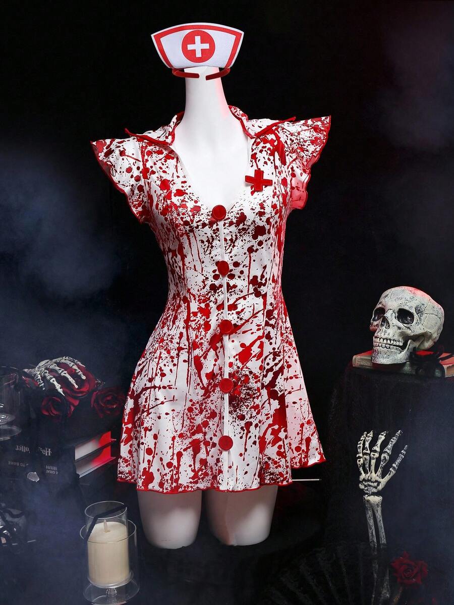 Women's 2-piece Halloween zombie nurse costume featuring a short sleeve collared mini dress with button front detail and adjustable straps.