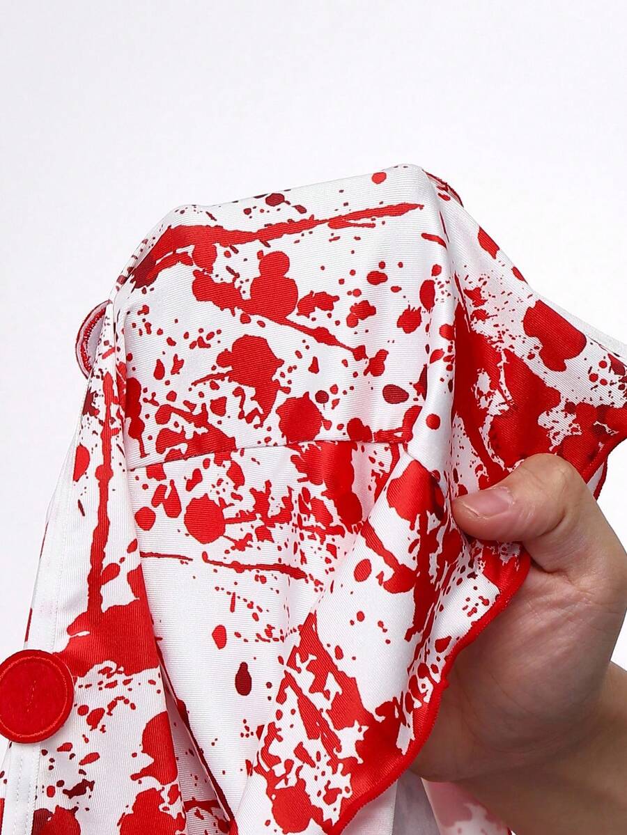 Women's 2-piece Halloween zombie nurse costume featuring a short sleeve collared mini dress with button front detail and adjustable straps.