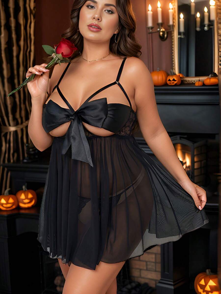 Women's burgundy 2-piece plus size lace babydoll lingerie set featuring a backless ribbon tie back design with adjustable straps and a matching thong.