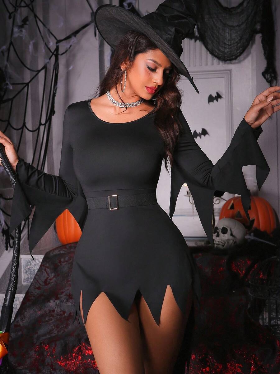 Black long sleeve Halloween costume mini dress with scoop neck, asymmetrical split hem, and waist belt on a woman.