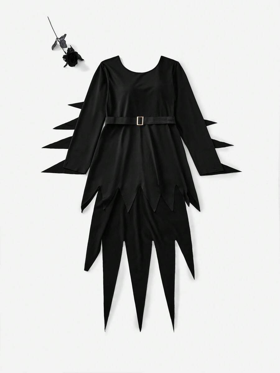 Black long sleeve Halloween costume mini dress with scoop neck, asymmetrical split hem, and waist belt on a woman.