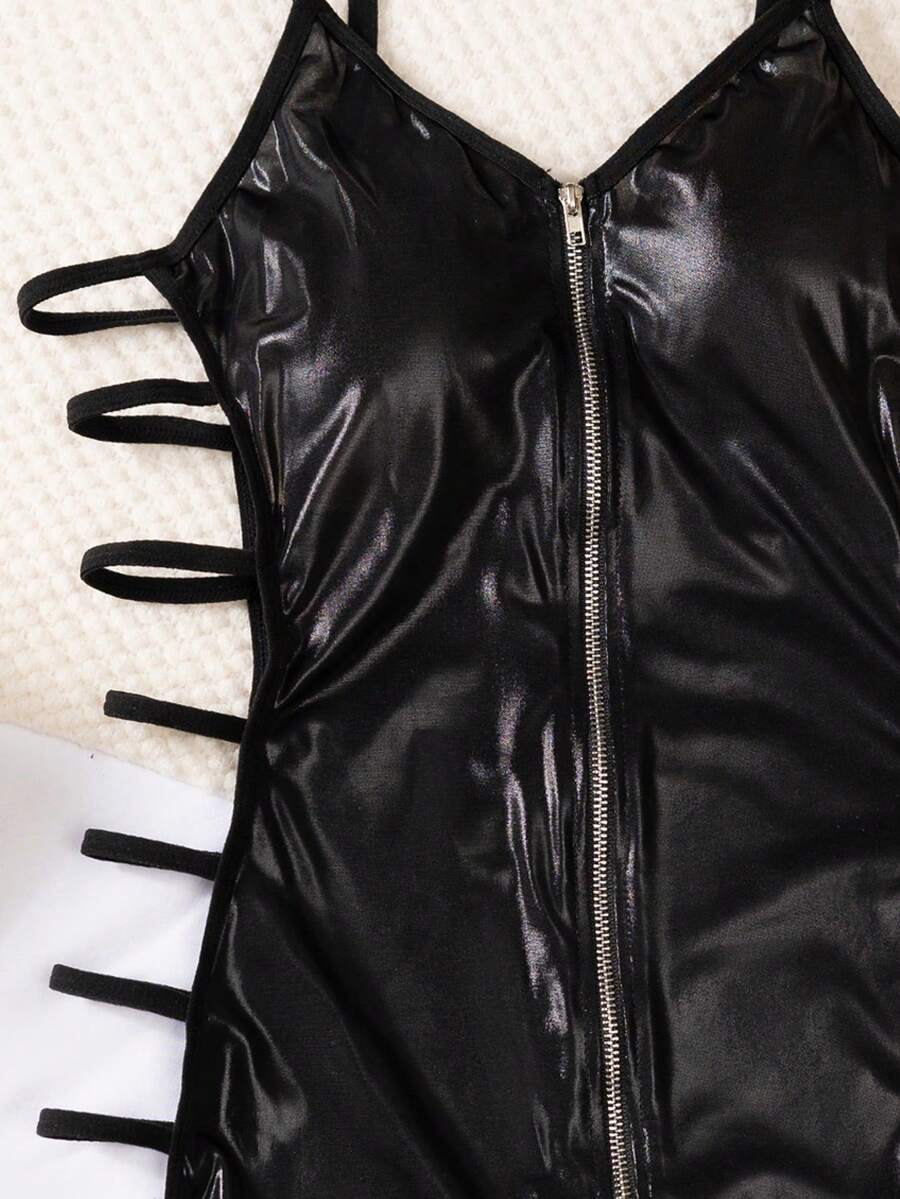 Women's 2-piece hollow out lingerie set featuring a black short slip nightgown with adjustable spaghetti straps and matching thong.