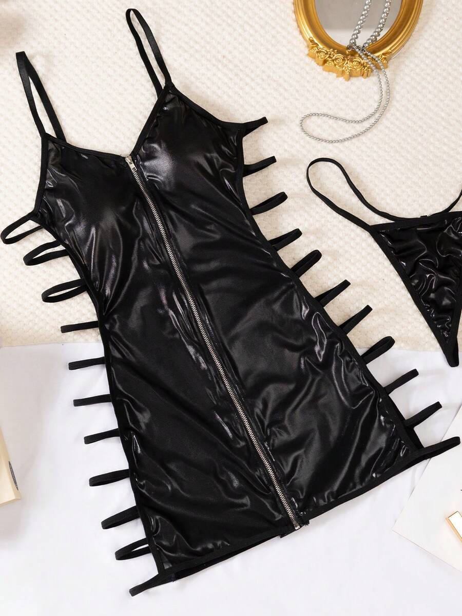 Women's 2-piece hollow out lingerie set featuring a black short slip nightgown with adjustable spaghetti straps and matching thong.