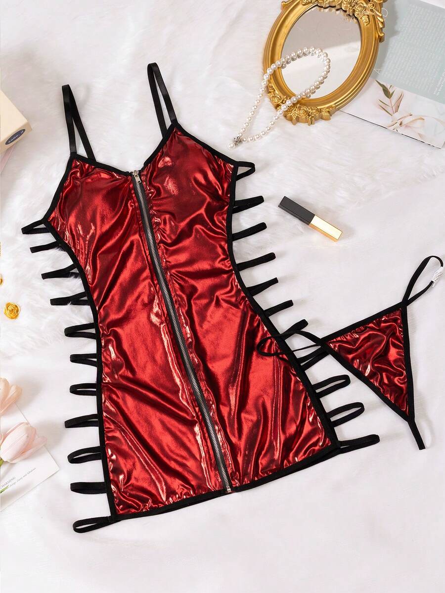 Women's 2-piece hollow out lingerie set featuring a black short slip nightgown with adjustable spaghetti straps and matching thong.