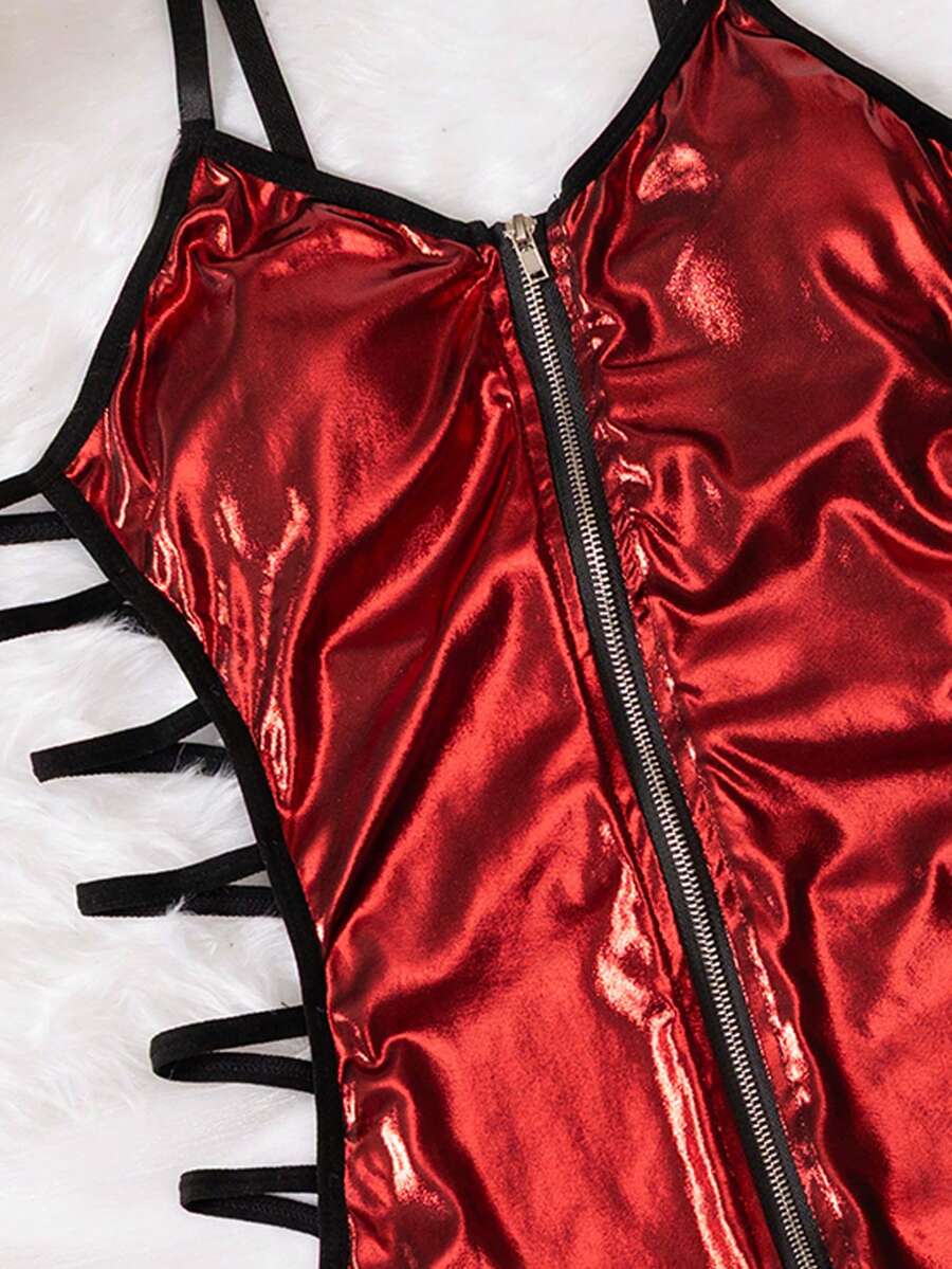 Women's 2-piece hollow out lingerie set featuring a black short slip nightgown with adjustable spaghetti straps and matching thong.