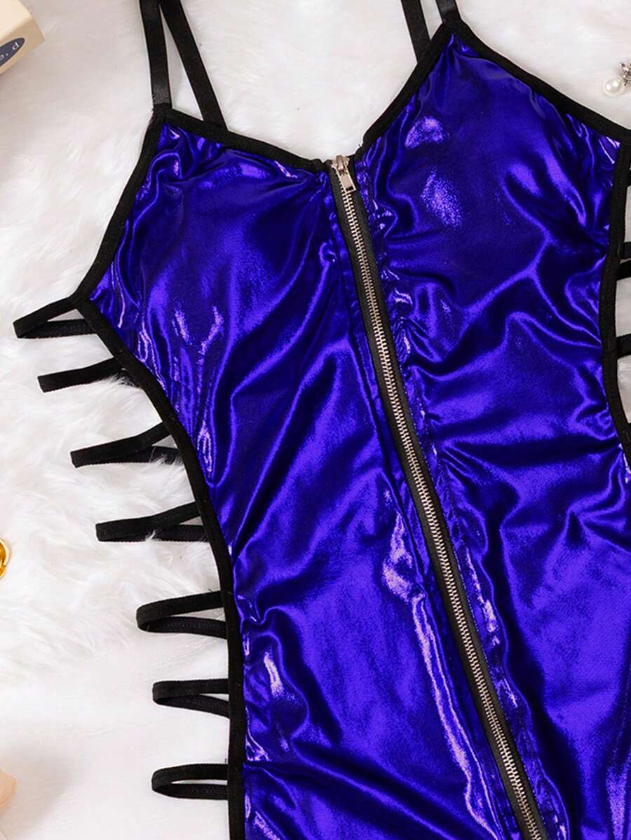 Women's 2-piece hollow out lingerie set featuring a black short slip nightgown with adjustable spaghetti straps and matching thong.