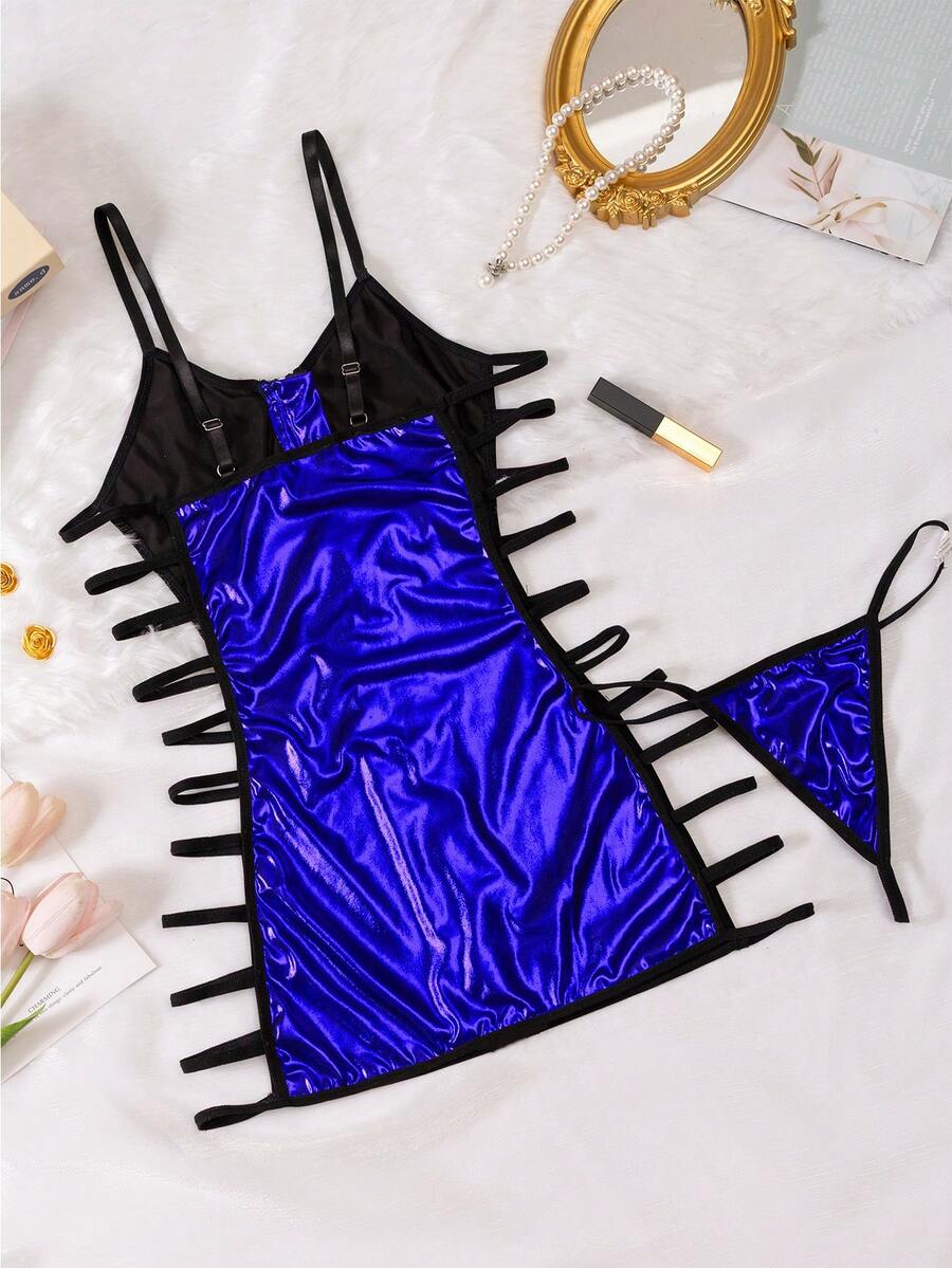 Women's 2-piece hollow out lingerie set featuring a black short slip nightgown with adjustable spaghetti straps and matching thong.