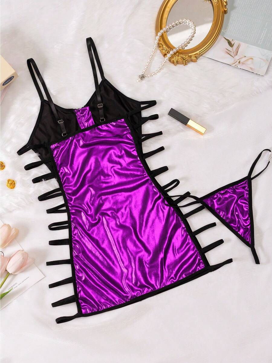 Women's 2-piece hollow out lingerie set featuring a black short slip nightgown with adjustable spaghetti straps and matching thong.