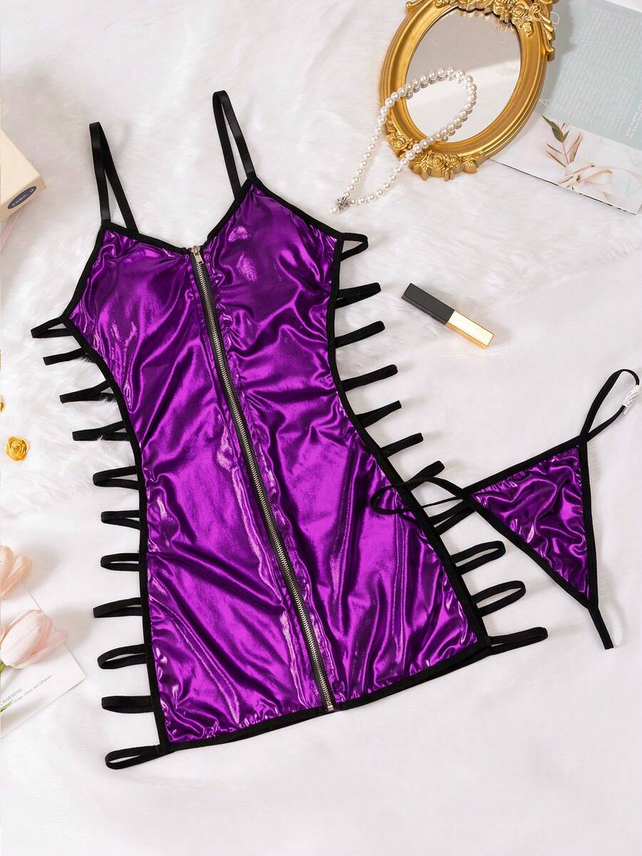 Women's 2-piece hollow out lingerie set featuring a black short slip nightgown with adjustable spaghetti straps and matching thong.