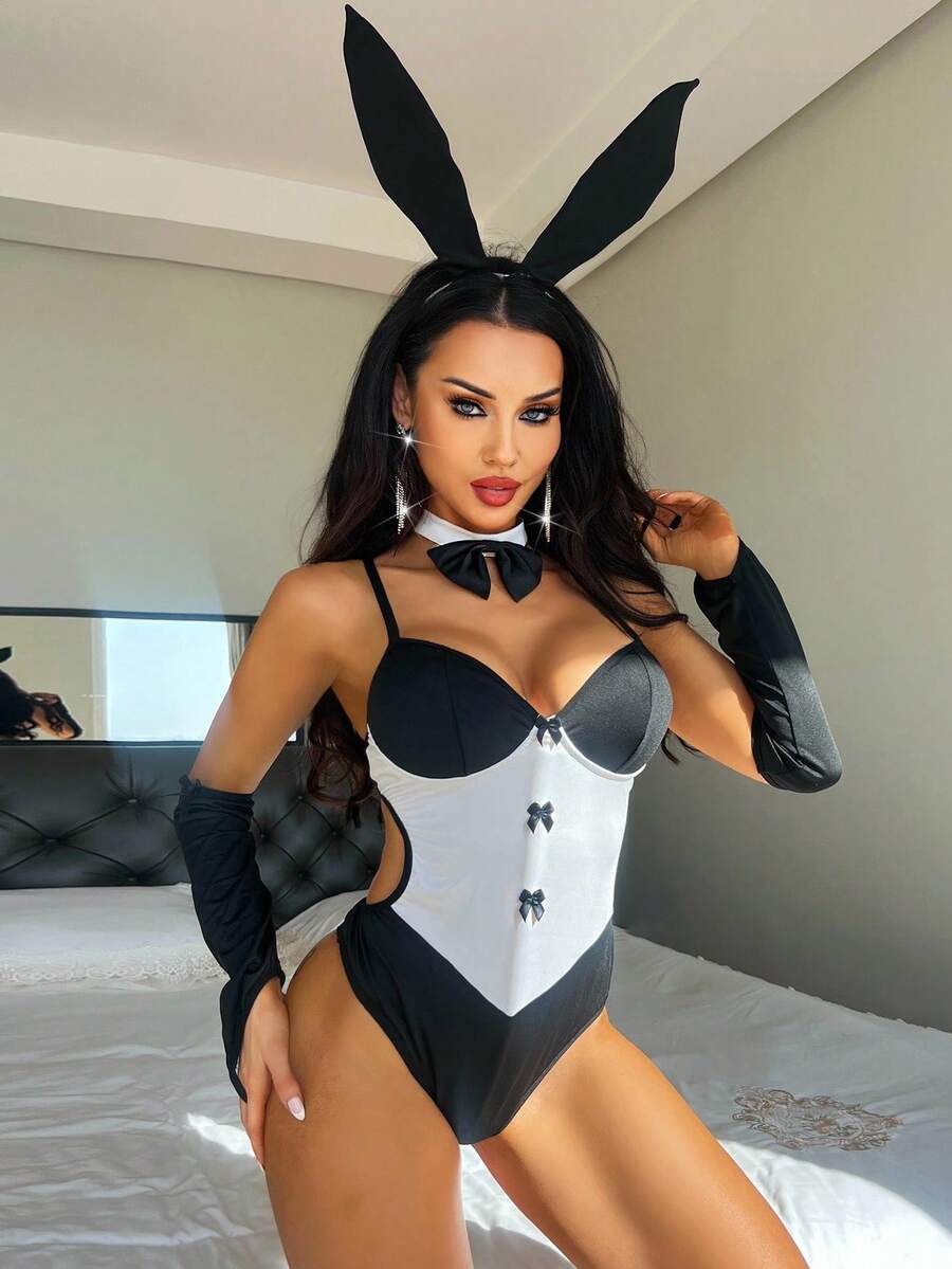 Black and white 4-piece rabbit cosplay bodysuit set featuring contrast lace detailing, underwire support, and adjustable spaghetti straps.