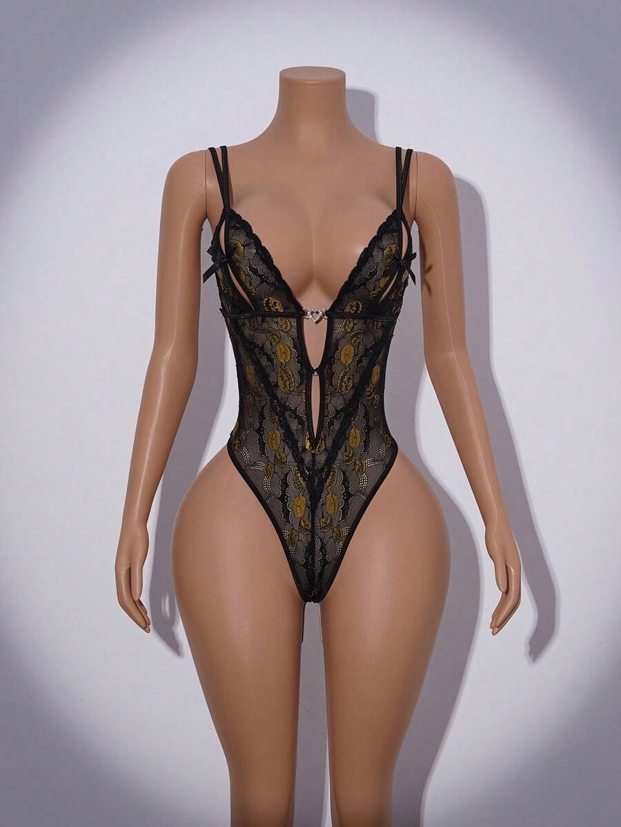 Women's sheer black lace bodysuit featuring adjustable spaghetti straps and wireless low-rise design for Halloween.