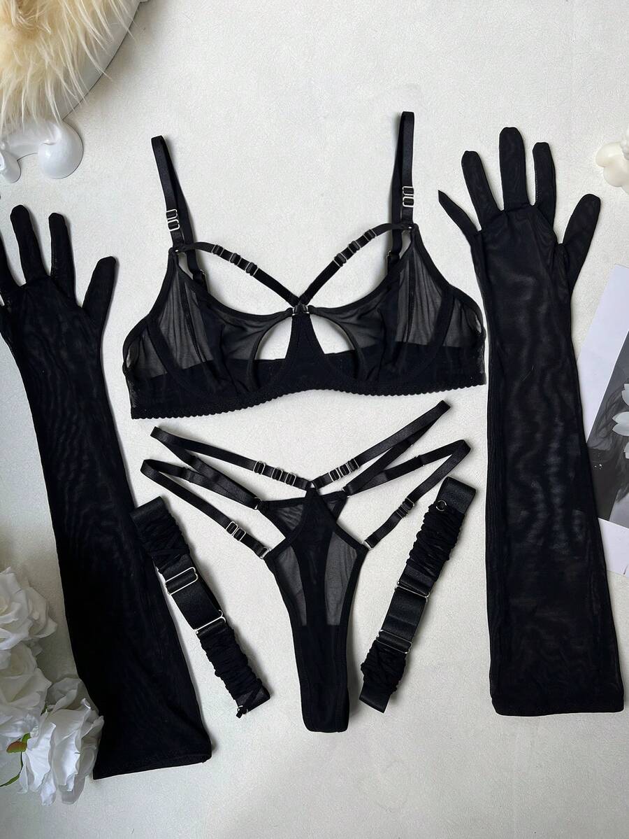 Black semi-sheer cutout 4-piece women's lingerie set featuring a triangle cup bralette with underwire and low-rise thong.