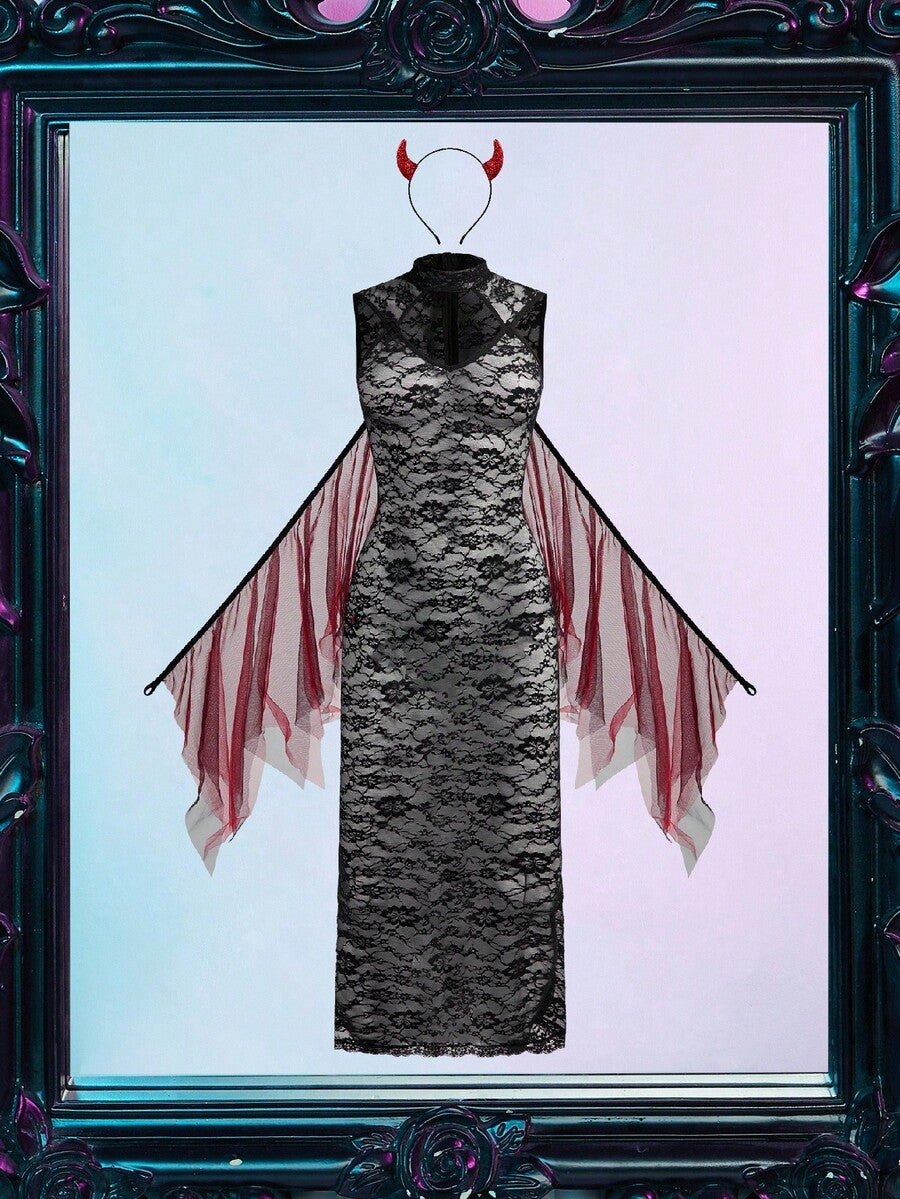 A women's 2-piece black Halloween witch costume featuring a sleeveless lace and mesh patchwork maxi dress with a stand collar and matching headpiece.
