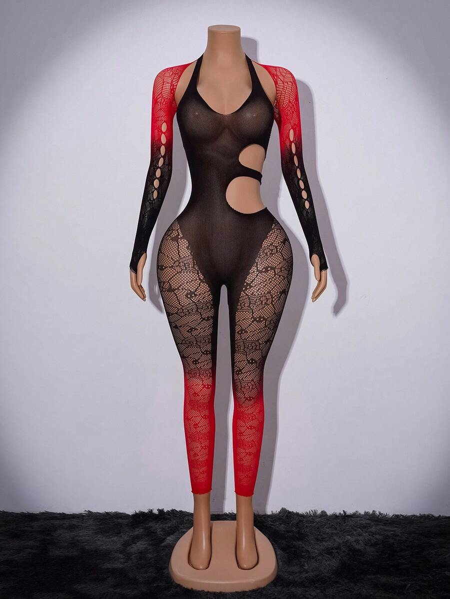 Gradient black and red Halloween skeleton mesh bodysuit 2-piece lingerie set for women featuring halter neck and sheer fabric.