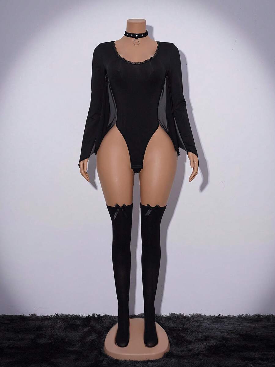Black 4-piece contrast lace lingerie set with long sleeves and round neck for Halloween women's costume wear