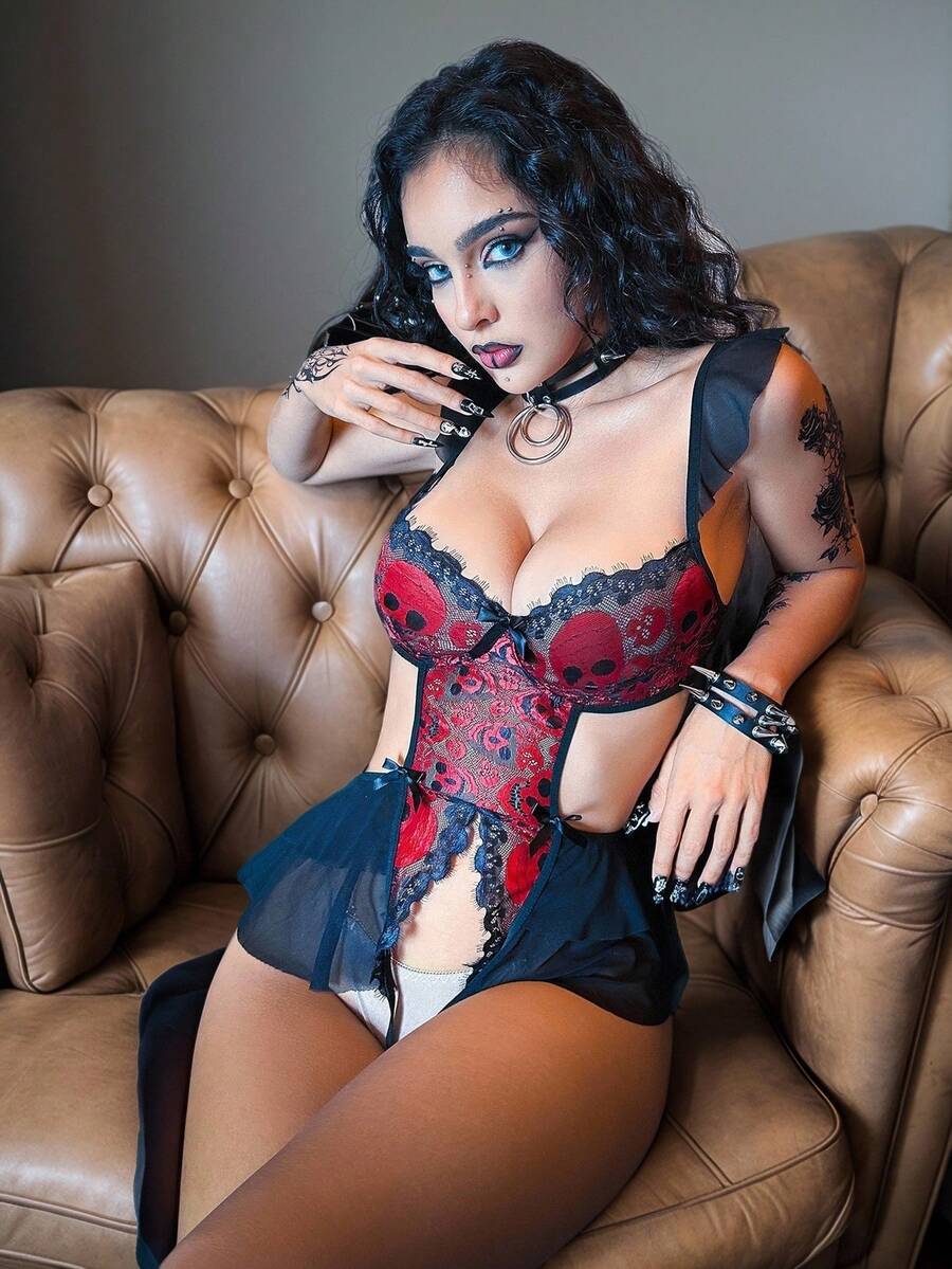 Multicolor sheer goth lace babydoll lingerie for women featuring a backless design, adjustable spaghetti straps, and low-rise V-string panty for Halloween.