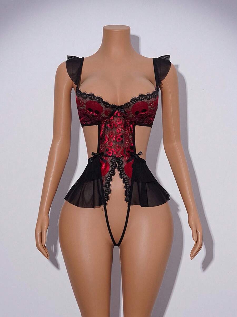 Multicolor sheer goth lace babydoll lingerie for women featuring a backless design, adjustable spaghetti straps, and low-rise V-string panty for Halloween.