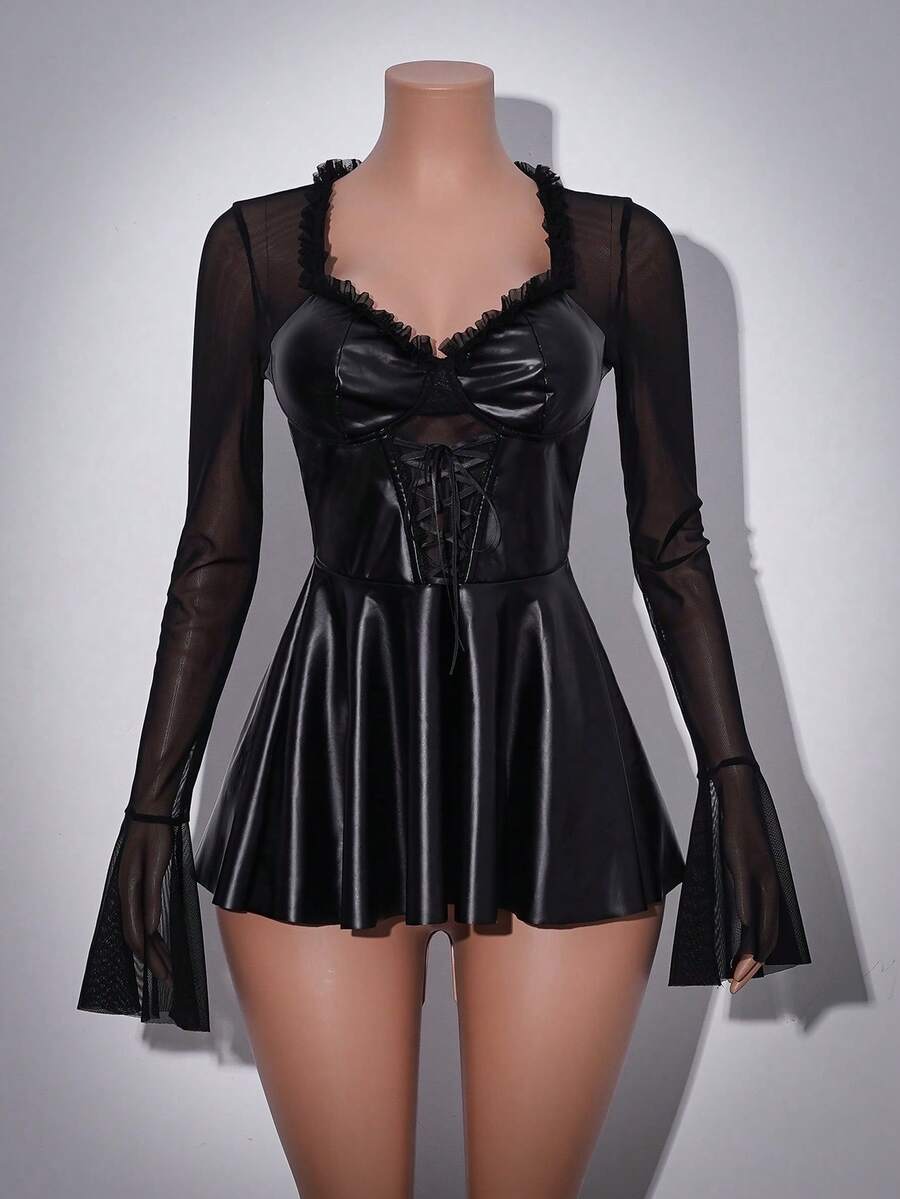 Black sheer Halloween lingerie dress for women featuring a sweetheart neckline, bow detail, adjustable straps, and matching V-string panties.