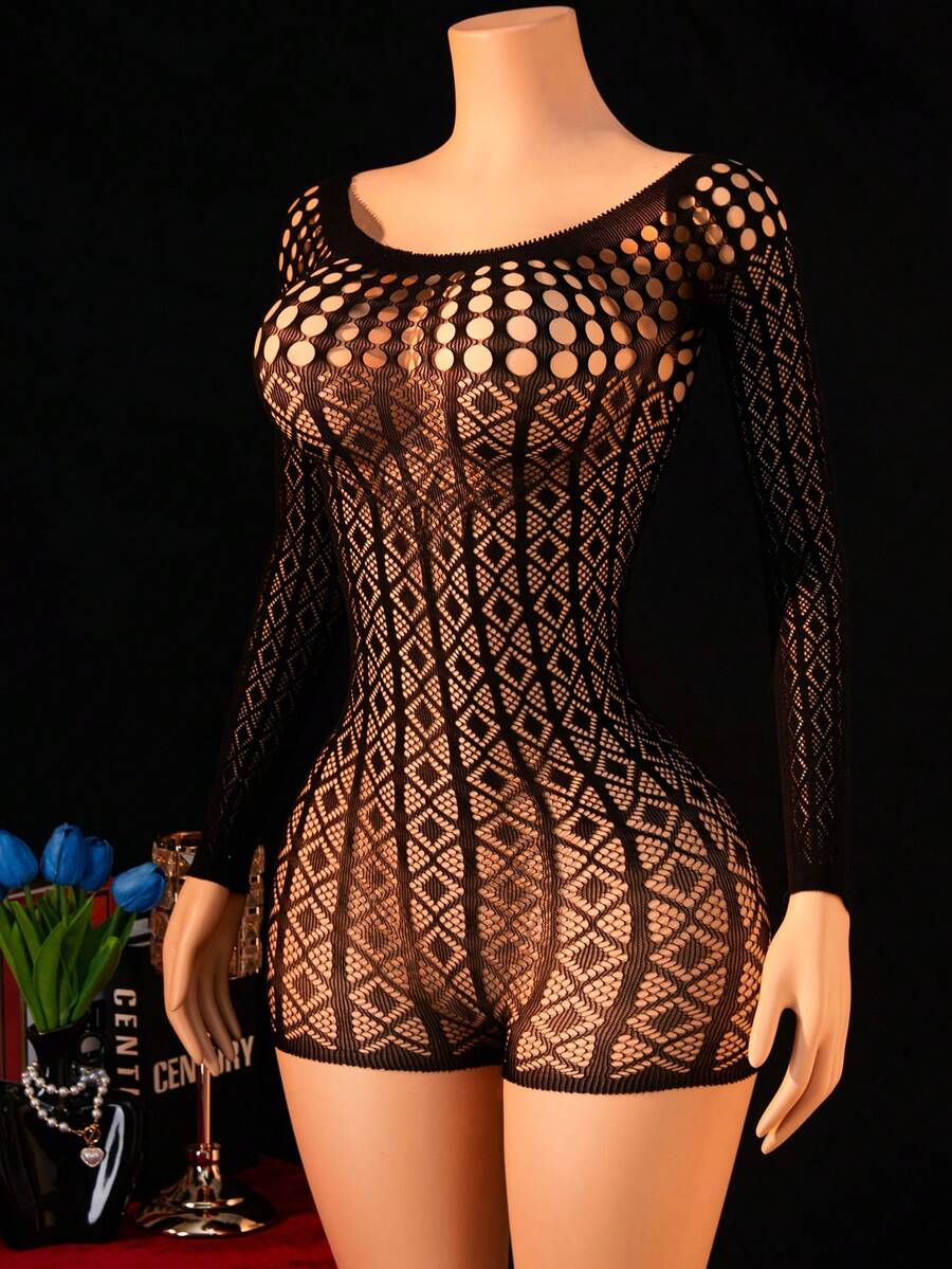 Women's black long sleeve fishnet bodystocking featuring a scoop neck and high stretch sheer knitted fabric.