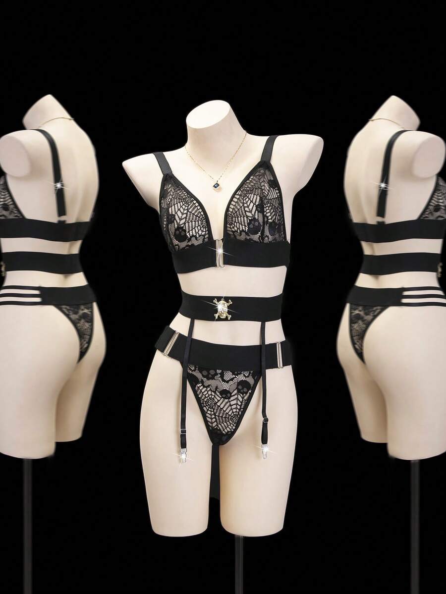 Black sheer goth lingerie set for women featuring a wireless plunge bra with adjustable spaghetti straps, low-rise thong, and harness detail.
