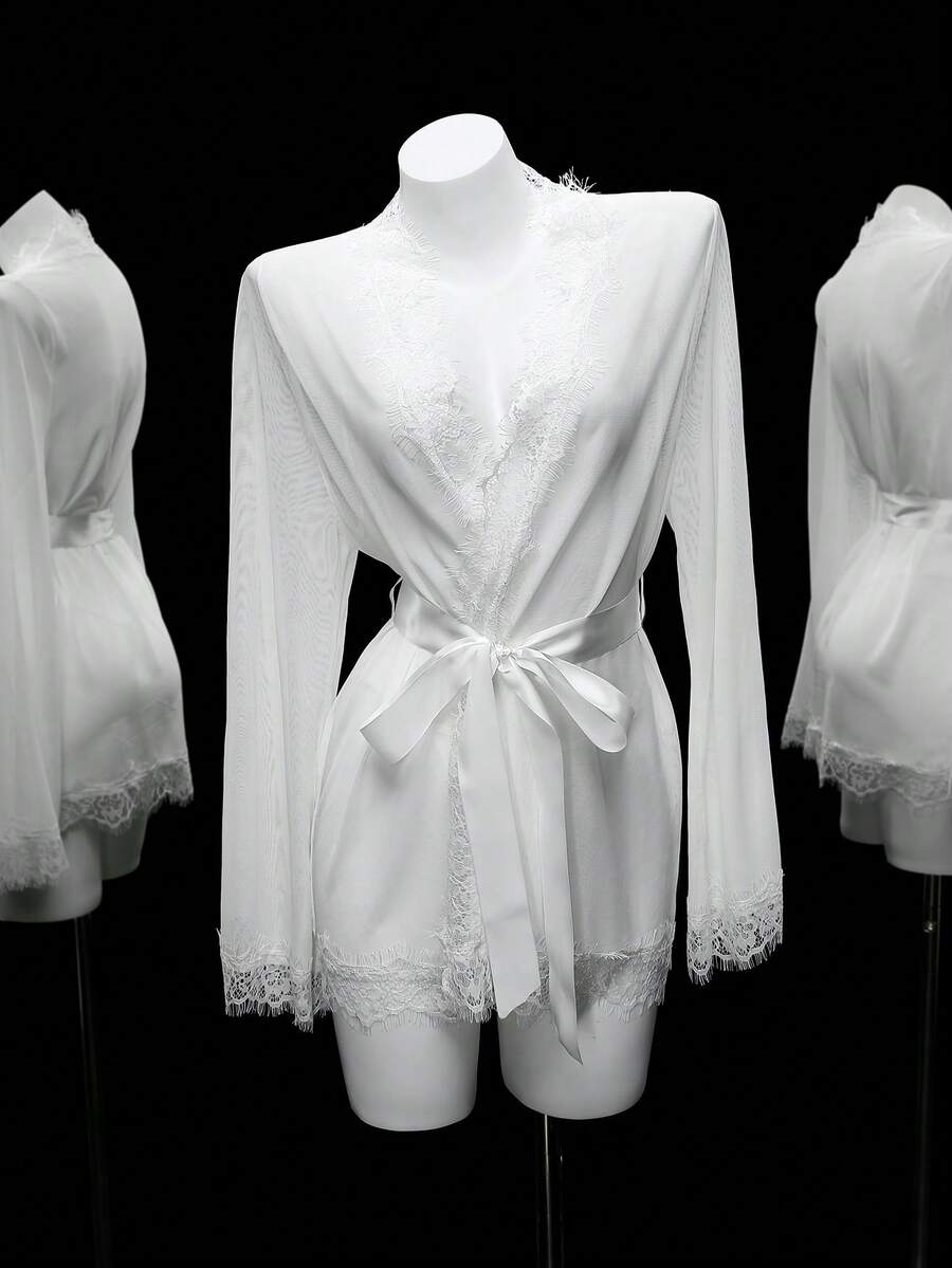 Women's 3-piece lace sleepwear set featuring a sheer belted robe with contrast lace details and adjustable straps.