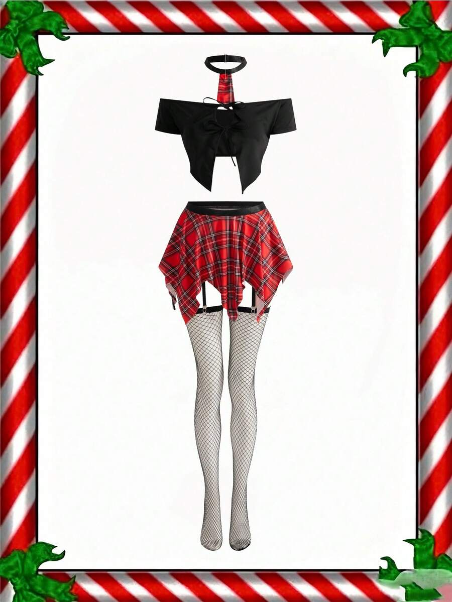 Multicolor 5-piece women's Christmas cosplay lingerie set with off-shoulder V-neck top, adjustable straps, and asymmetrical plaid skirt.