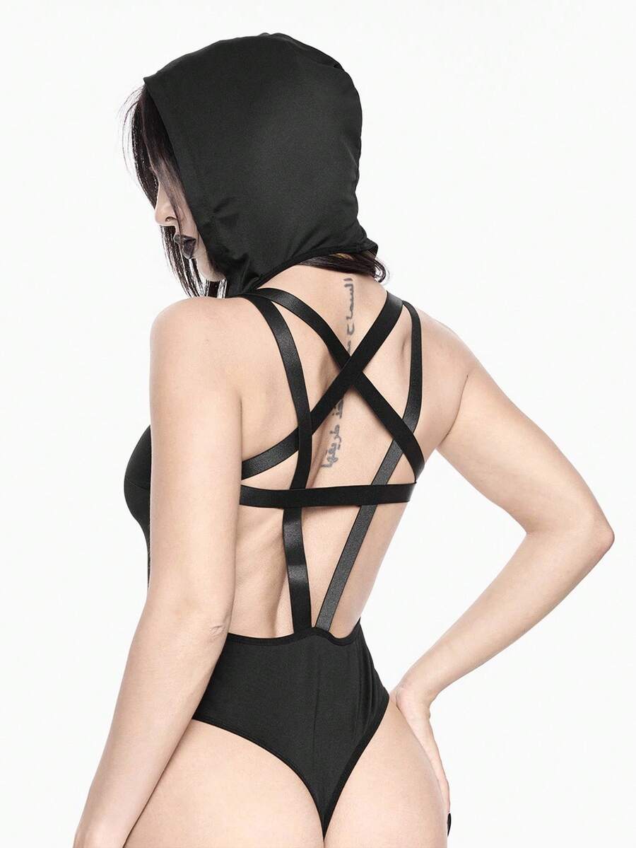 Black gothic backless lingerie 2-piece set featuring crossback spaghetti straps, bow tie back detail, and low-rise wireless fit.